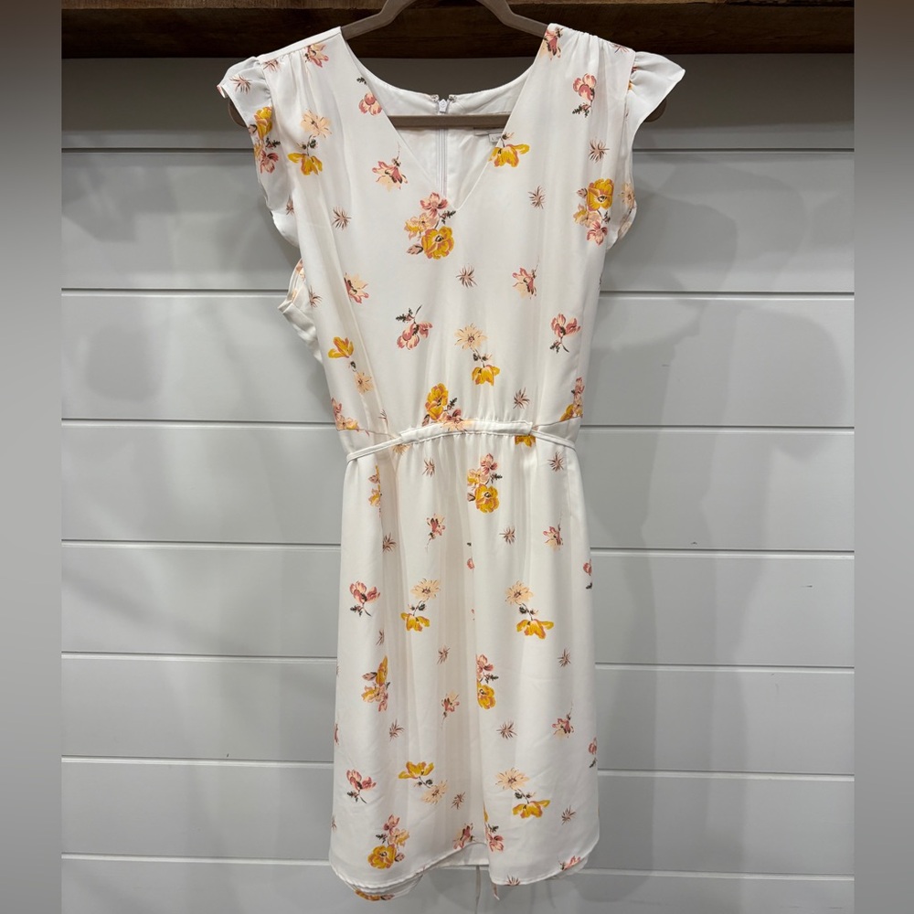 LOFT White Midi Dress with Pink and Yellow Floral Design